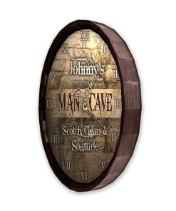 Brand new 🔥 Bars Custom Barrel Top “Man Cave, Scotch, Cigars, Solitude” Wall Clock 🌟 -Outlet Bars Store BarrelTop SideAngledView LG BARR CLOCK CAVE SCS 800x