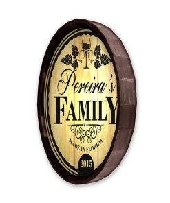 Top 10 🤩 Bars Custom Wood Whiskey Barrel Top Sign – Family 🎉 -Outlet Bars Store BarrelTop SideAngledView LG BT KC BARR SIGN FAMILY 800x