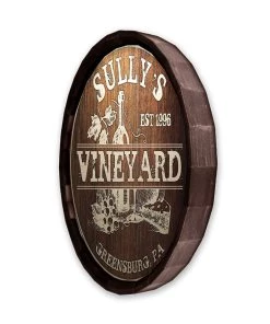New 🤩 Bars Custom Wood Barrel Top –Vineyard Tavern Sign ⌛ -Outlet Bars Store BarrelTop SideAngledView LG BT KC BARR SIGN VINE 800x