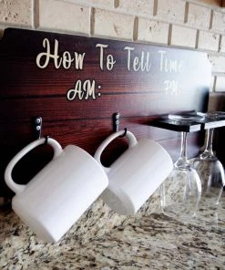 Deals ⭐ Bars "How To Tell Time" Coffee Mug And Wine Glass Holder - Wood Board Background (Hardware Included) ⌛ -Outlet Bars Store how to tell time wall hang sign rack mug glass holder am pm 800x