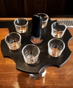 Best Pirce 😀 Bars 6-Shooter Wood Shot Glass Serving Tray And Bottle Topper - Black Or Stained ⭐ -Outlet Bars Store shot glass 6 shooter cylinder flight board caddy black 800x