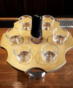 Best Pirce 😀 Bars 6-Shooter Wood Shot Glass Serving Tray And Bottle Topper - Black Or Stained ⭐ -Outlet Bars Store shot glass 6 shooter cylinder flight board caddy dark walnut 800x