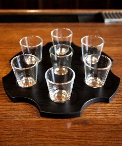 Best Pirce 😀 Bars 6-Shooter Wood Shot Glass Serving Tray And Bottle Topper - Black Or Stained ⭐ -Outlet Bars Store shot glass 7 hole barrel holder serving tray wood black 800x