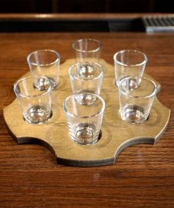 Best Pirce 😀 Bars 6-Shooter Wood Shot Glass Serving Tray And Bottle Topper - Black Or Stained ⭐ -Outlet Bars Store shot glass 7 hole barrel holder serving tray wood dark walnut 800x