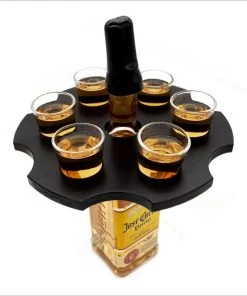 Best Pirce 😀 Bars 6-Shooter Wood Shot Glass Serving Tray And Bottle Topper - Black Or Stained ⭐