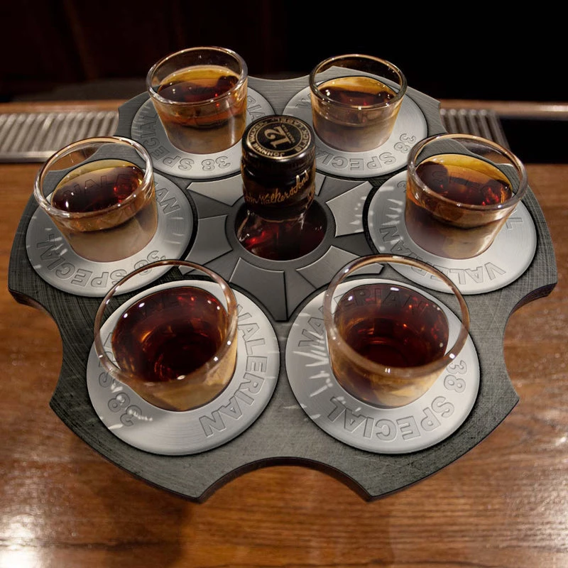 Promo ❤️ Bars CUSTOMIZABLE 6-Shooter Wood Shot Glass Caddy Tray And Bottle Topper - "Revolver Cylinder" (2 Colors Available!) 💯 7 Promo ❤️ Bars CUSTOMIZABLE 6-Shooter Wood Shot Glass Caddy Tray And Bottle Topper - "Revolver Cylinder" (2 Colors Available!) 💯 - Image 5