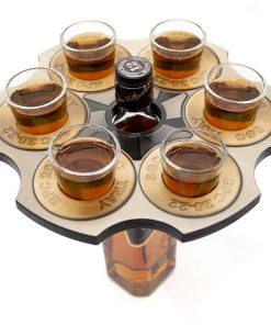 Discount 😉 Bars 6-Shooter Wood Shot Glass Serving Tray And Bottle Topper - "Revolver Cylinder" 🥰